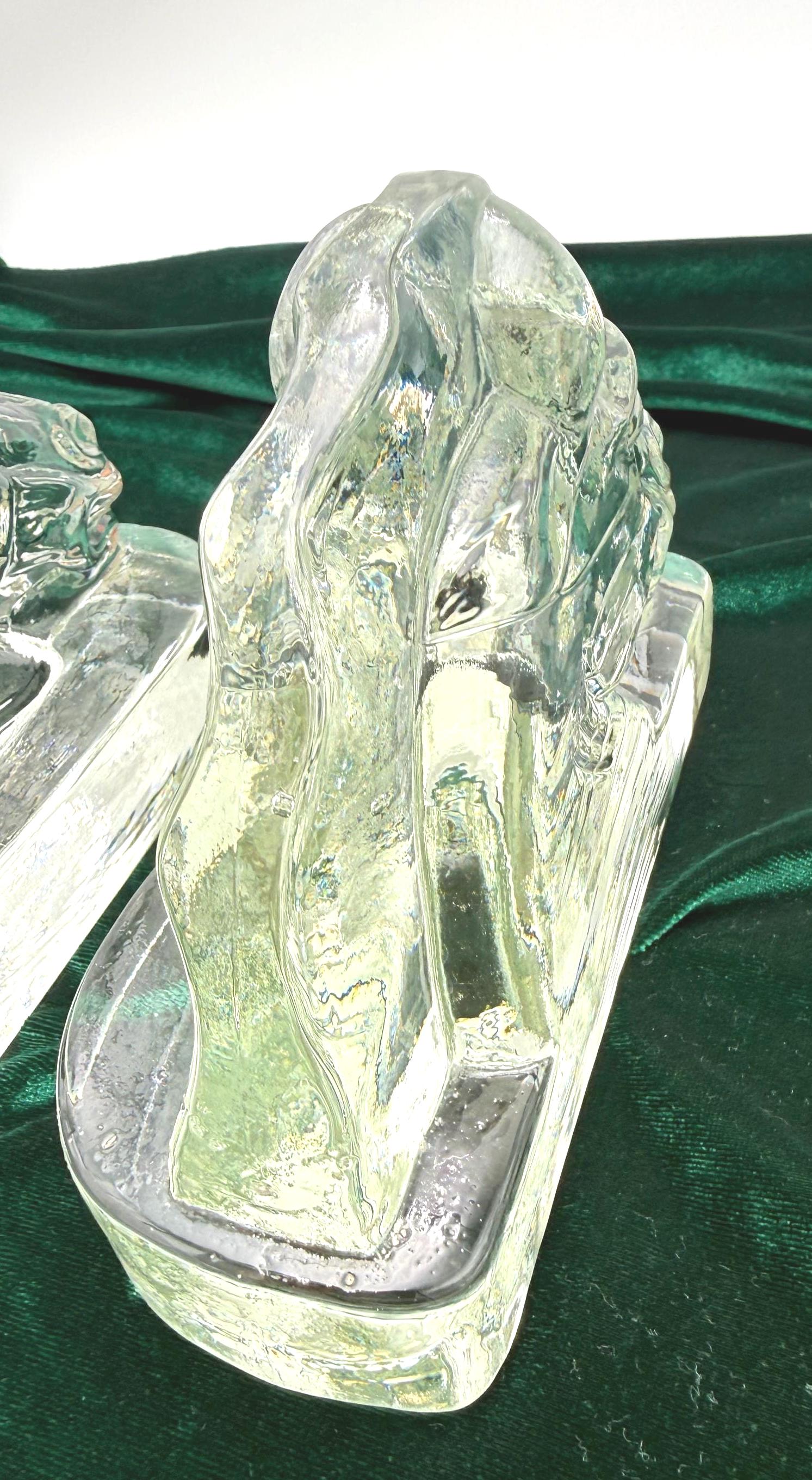 VINTAGE HEAVY CRYSTAL HORSE HEAD BOOKENDS | ART DECO STYLE SCULPTURAL PAIR