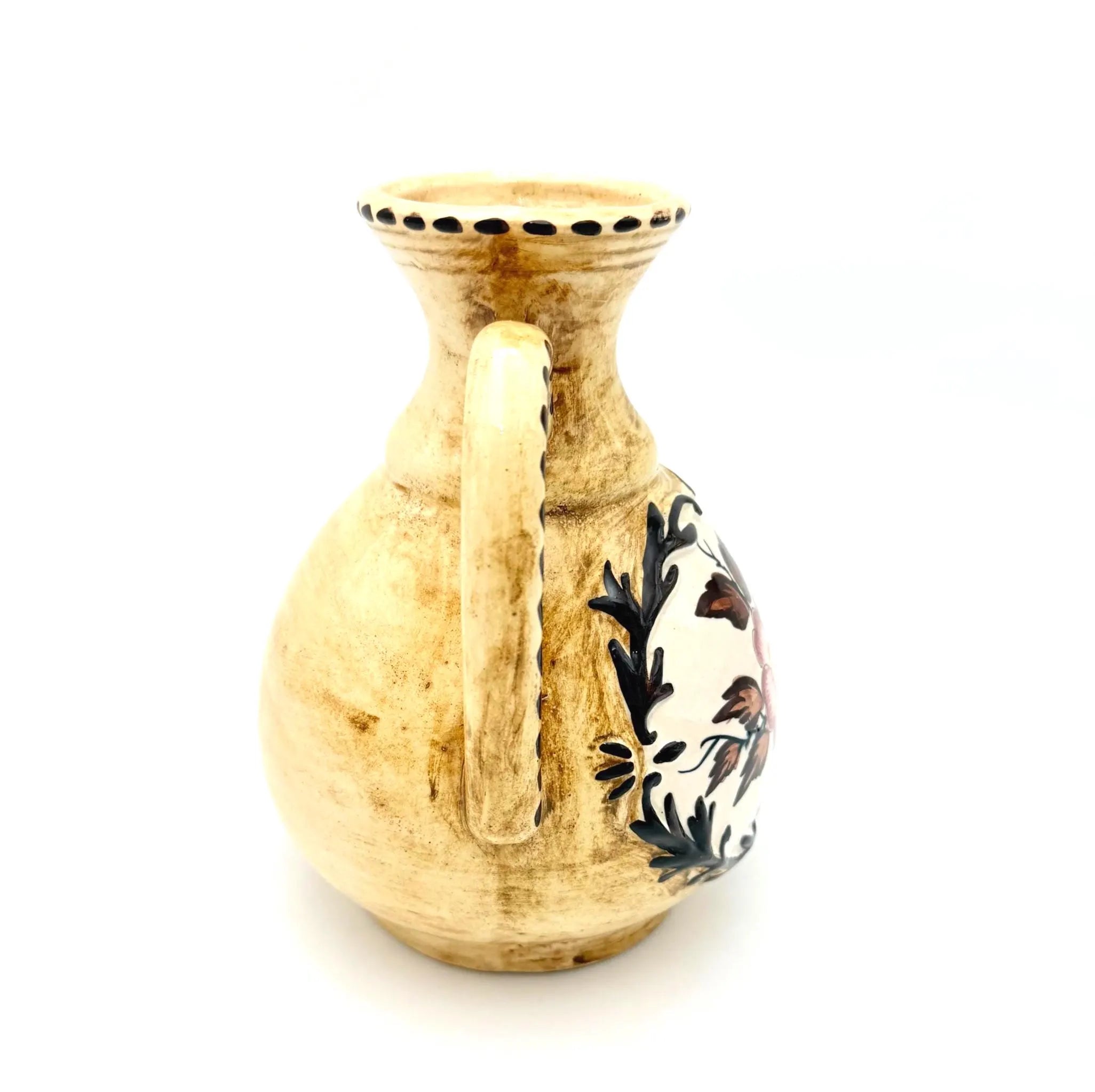 VINTAGE BELGIAN HAND-PAINTED ART POTTERY AMPHORA VASE, DOUBLE HANDLED FLORAL CERAMIC, THULIN STYLE