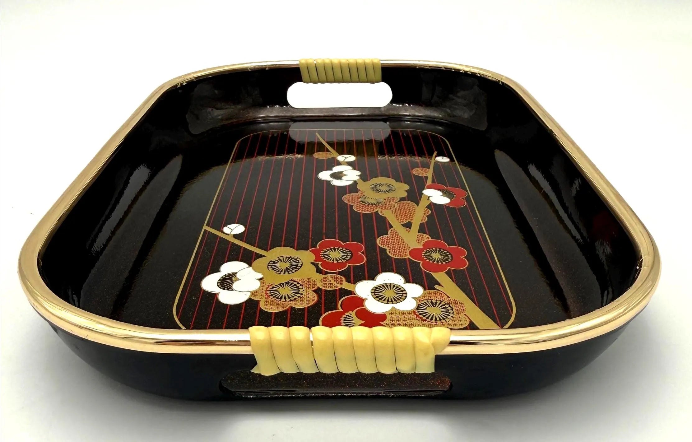 VINTAGE JAPANESE MELAMINE SERVING TRAY WITH GOLD GALLERY HANDLES & PLUM BLOSSOM DESIGN