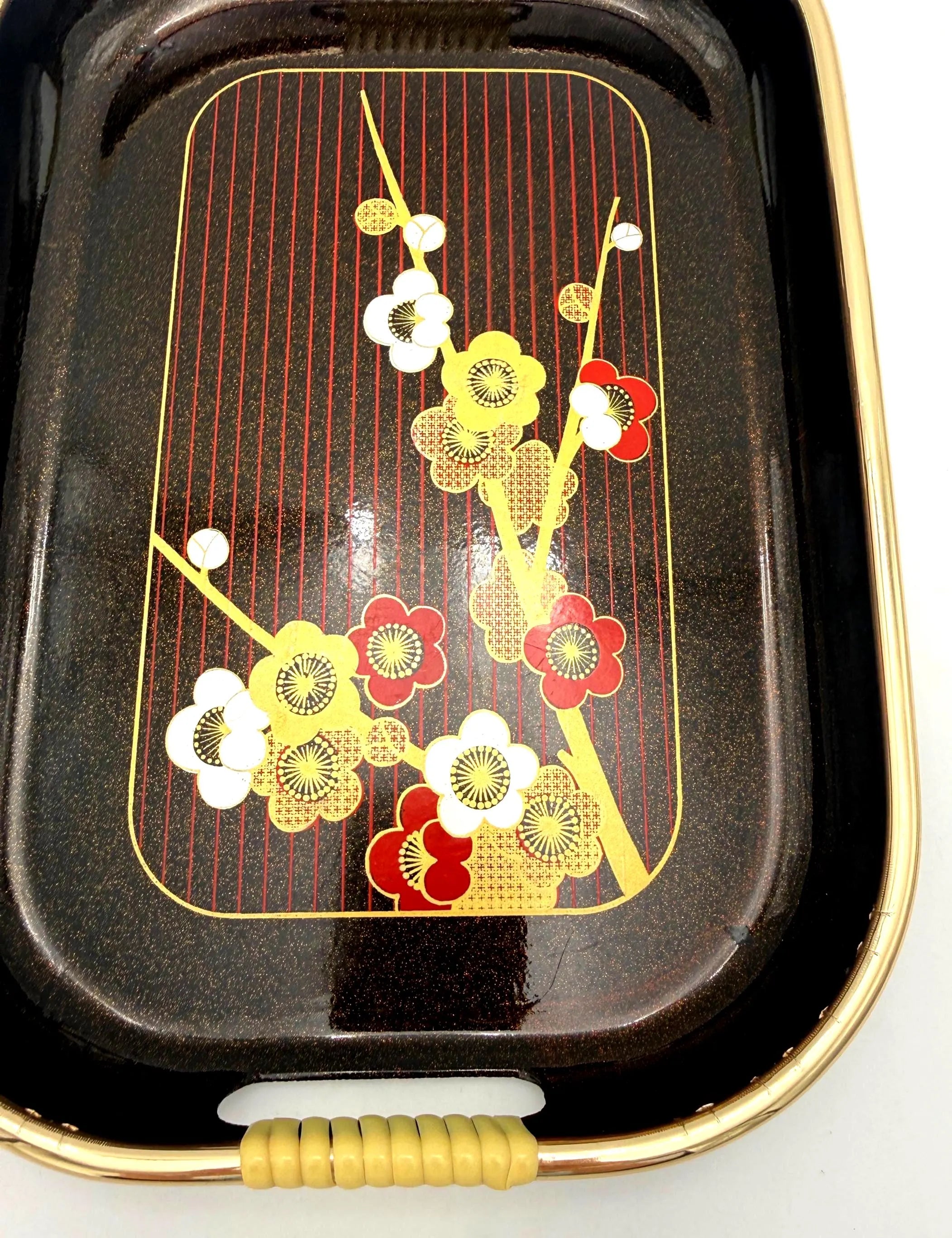 VINTAGE JAPANESE MELAMINE SERVING TRAY WITH GOLD GALLERY HANDLES & PLUM BLOSSOM DESIGN
