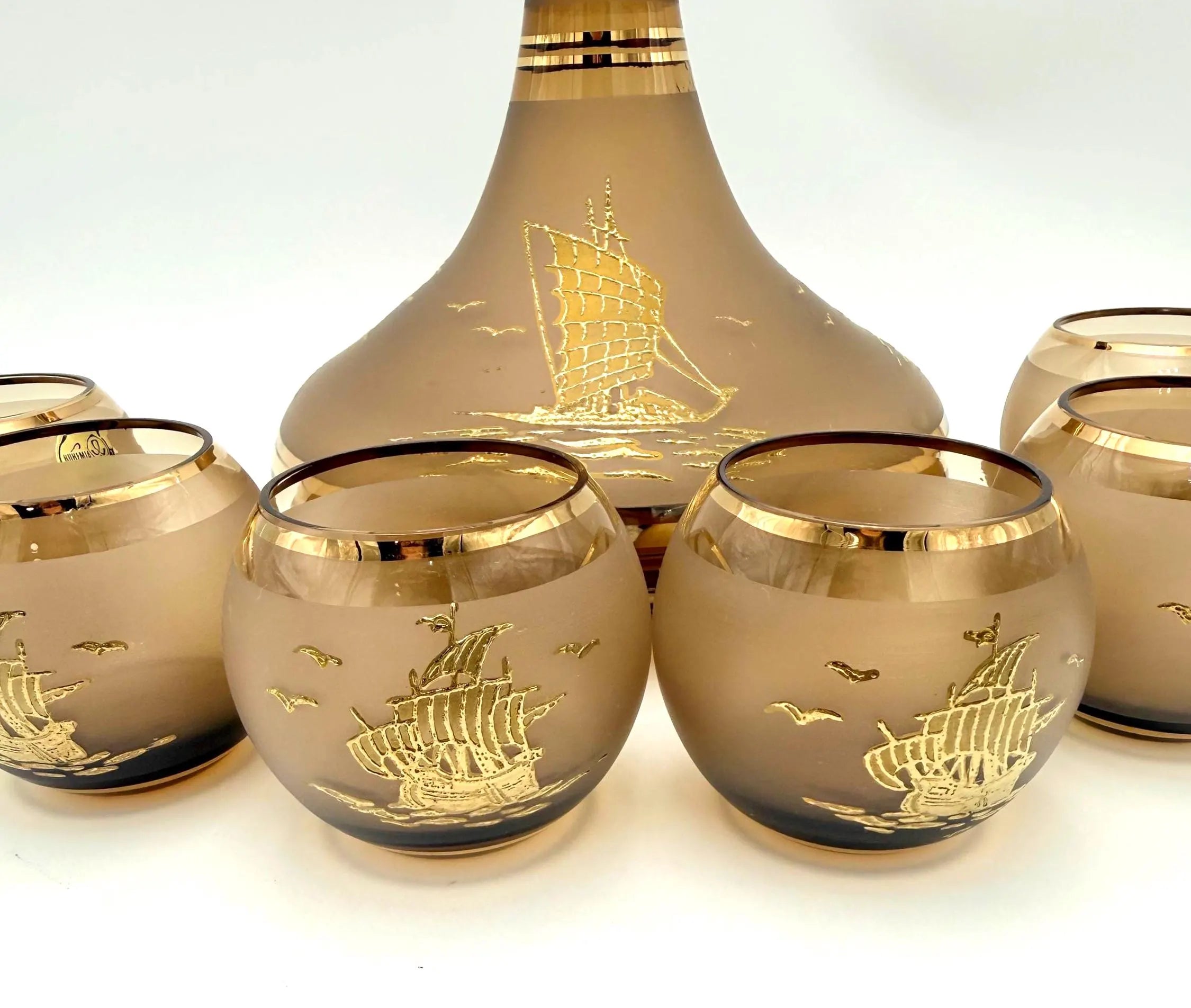 VINTAGE BOHEMIA GLASS NAUTICAL DECANTER SET – CZECHOSLOVAKIA – FROSTED CHAMPAGNE GOLD GALLEON BARWARE – 7 PIECES