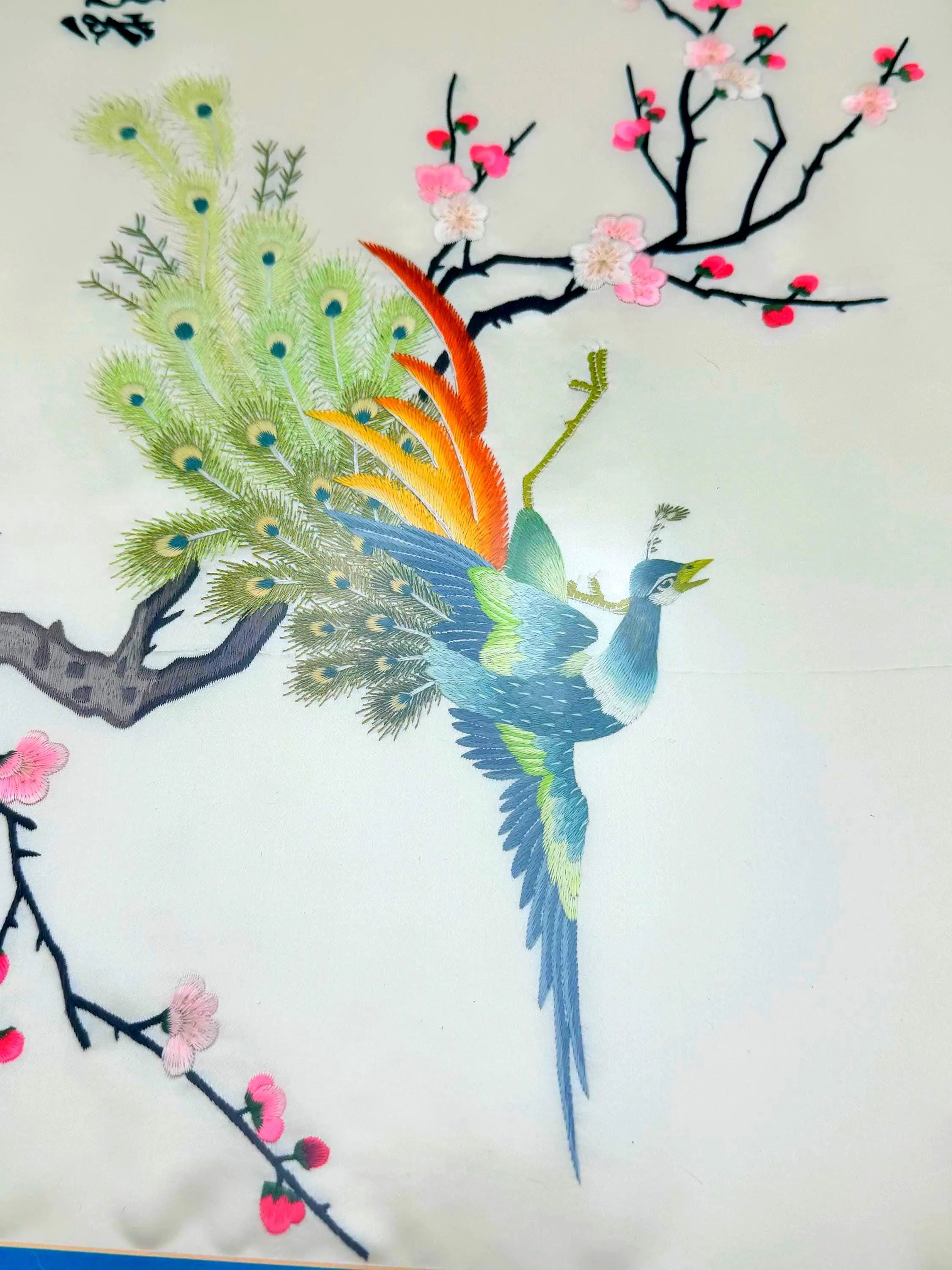VINTAGE ASIAN EMBROIDERED SILK WALL ART SET OF 3 | FRAMED PEACOCK & CRANE CHINOISERIE TEXTILE PANELS