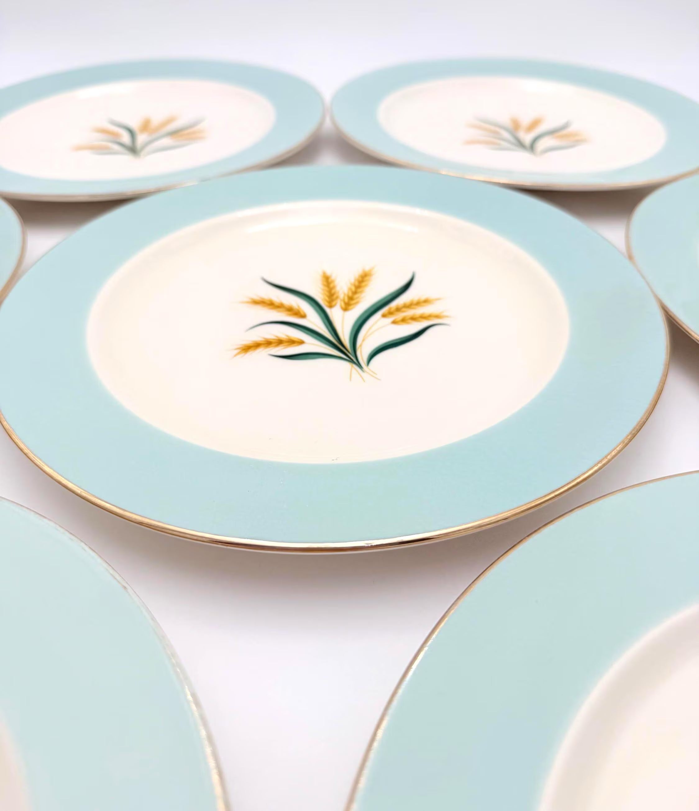 VINTAGE INTERNATIONAL D.S. CO. VIKING AQUA WHEAT DINNER PLATES — SET OF 6 + BONUS CHIPPED PLATE