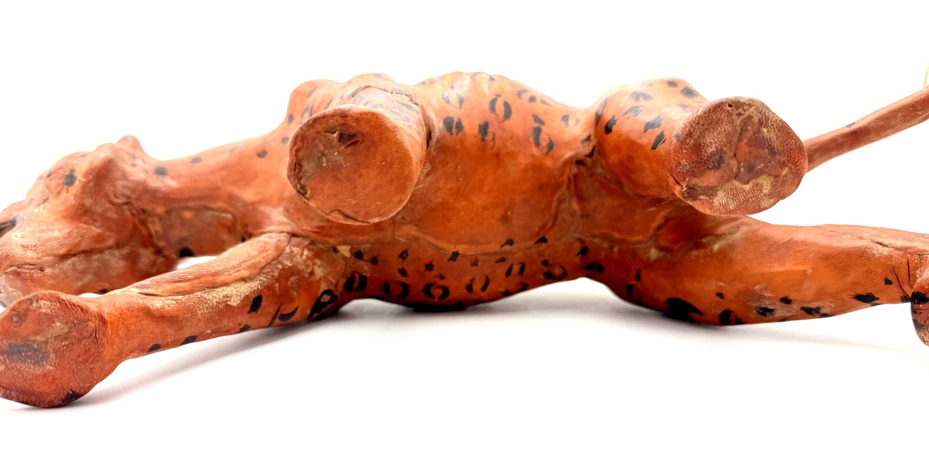 VINTAGE HAND-PAINTED LEATHER LEOPARD SCULPTURE