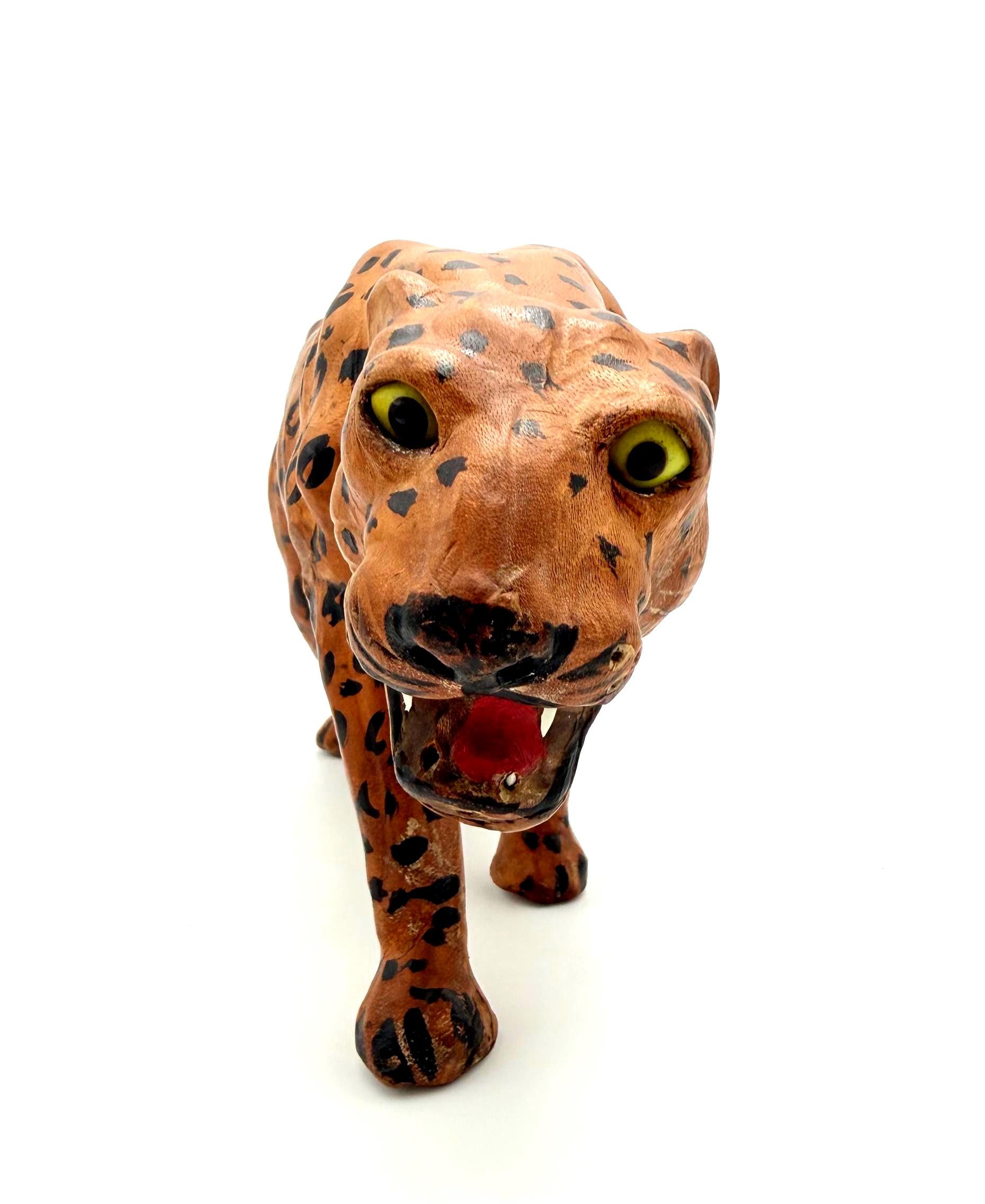 VINTAGE HAND-PAINTED LEATHER LEOPARD SCULPTURE