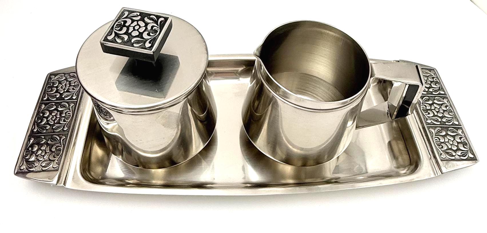 VINTAGE STANLEY ROBERTS BURGUNTINE-VELVET STAINLESS STEEL ENTERTAINING COLLECTION WITH ORIGINAL BOXES