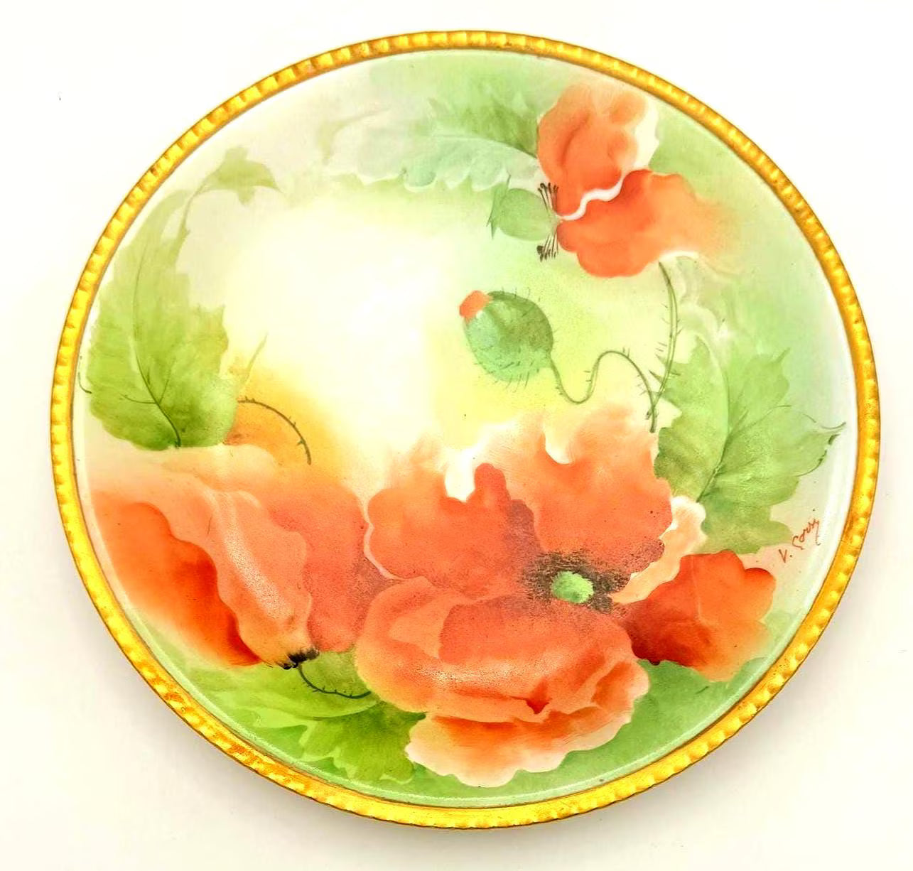 VINTAGE RICHARD GINORI HAND-PAINTED ITALIAN POPPY PORCELAIN CABINET PLATE WITH RAISED GILT RIM