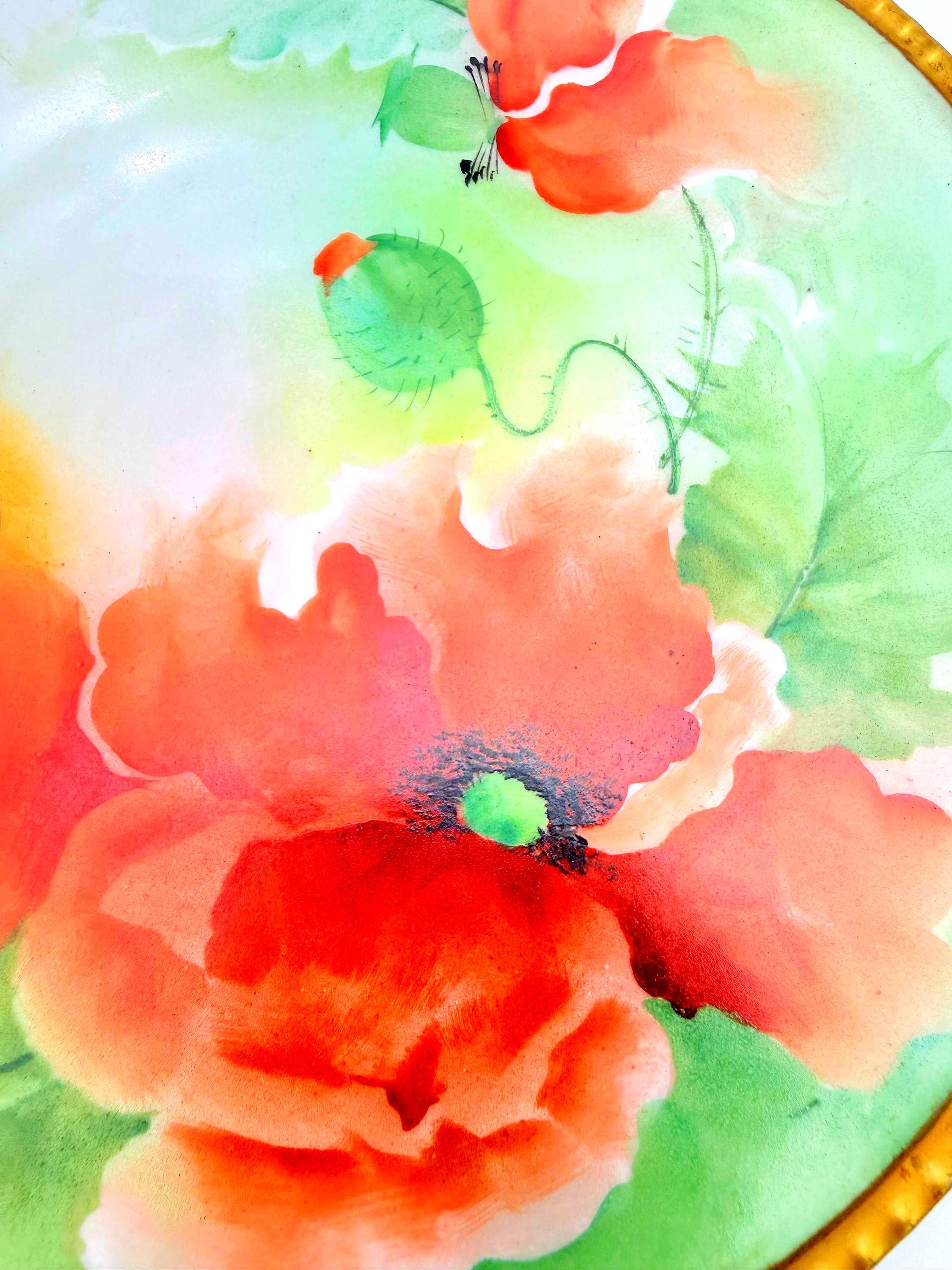 VINTAGE RICHARD GINORI HAND-PAINTED ITALIAN POPPY PORCELAIN CABINET PLATE WITH RAISED GILT RIM