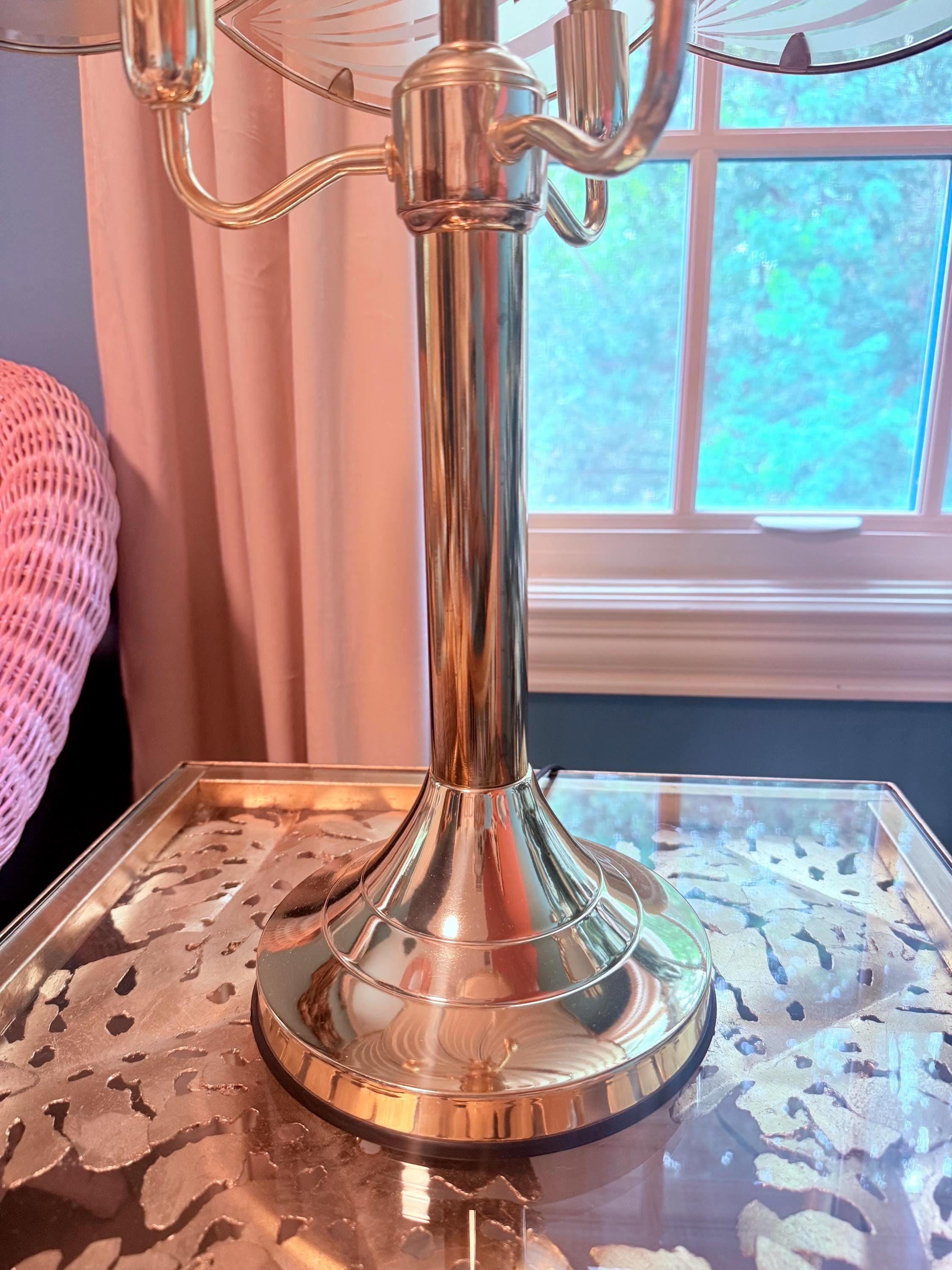 Vintage Rose Gold Touch Lamp, Palm Beach Regency Glass Table Lamp, 1980s Hollywood Regency Three Light Lamp
