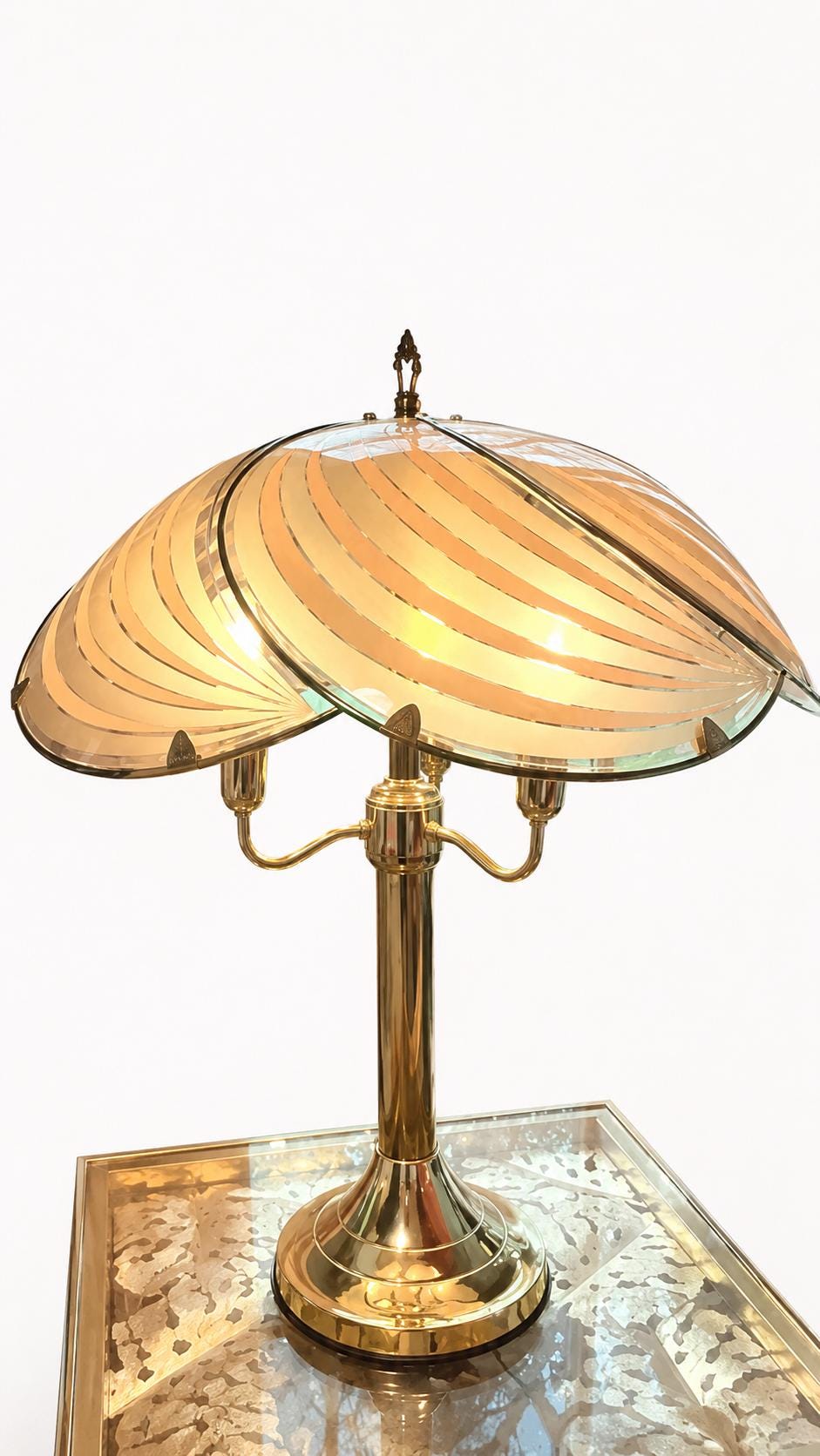 Vintage Rose Gold Touch Lamp, Palm Beach Regency Glass Table Lamp, 1980s Hollywood Regency Three Light Lamp