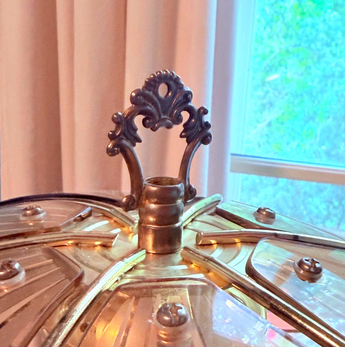 Vintage Rose Gold Touch Lamp, Palm Beach Regency Glass Table Lamp, 1980s Hollywood Regency Three Light Lamp