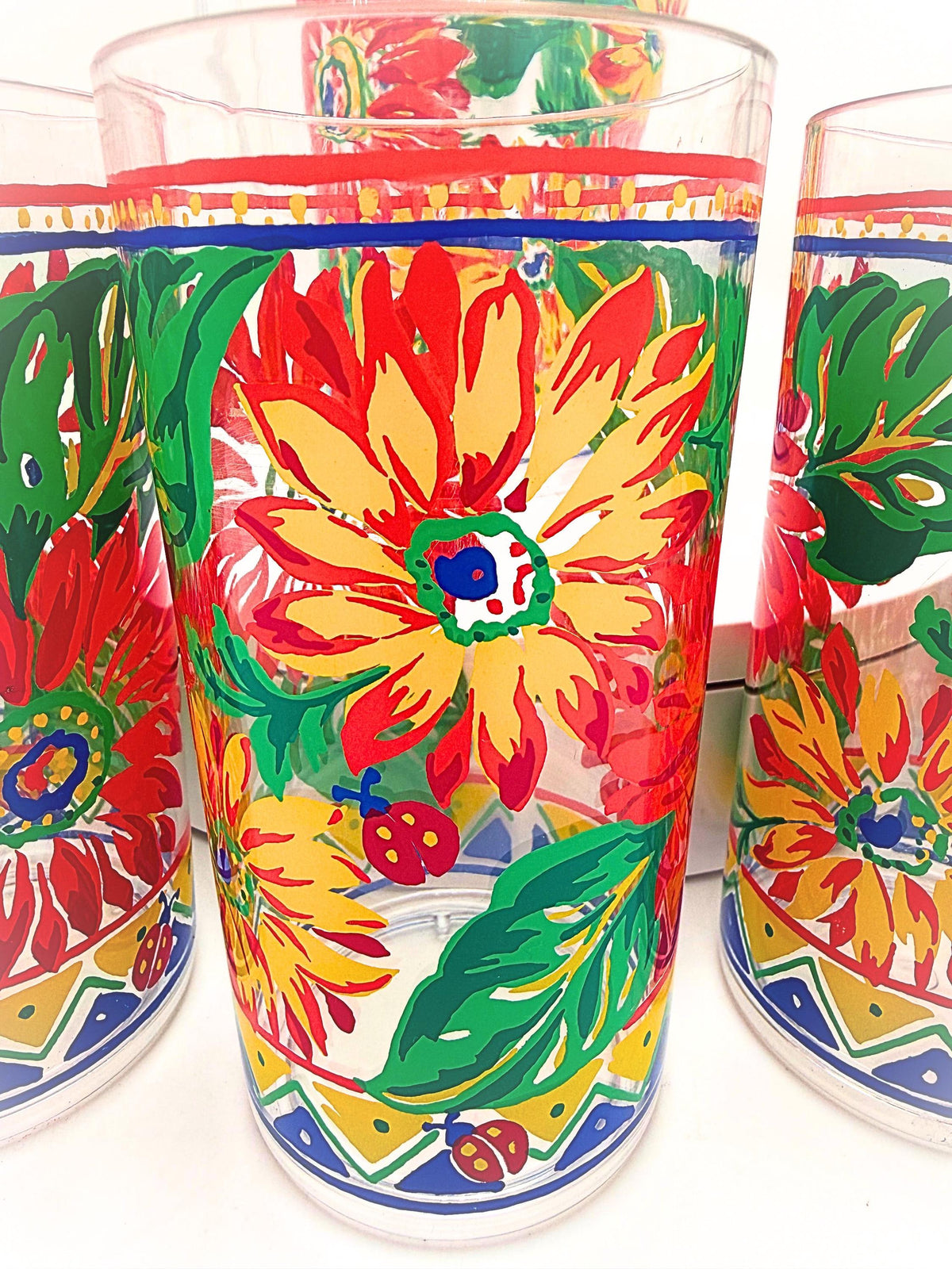 Vintage 1990s Floral Ladybug Acrylic Pitcher & 7 Tumblers 8 Piece Set