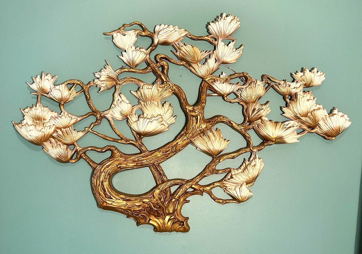 1976 Syroco Floral Wall Sculpture, Gold & Ivory Hollywood Regency Botanical Art (45" W)