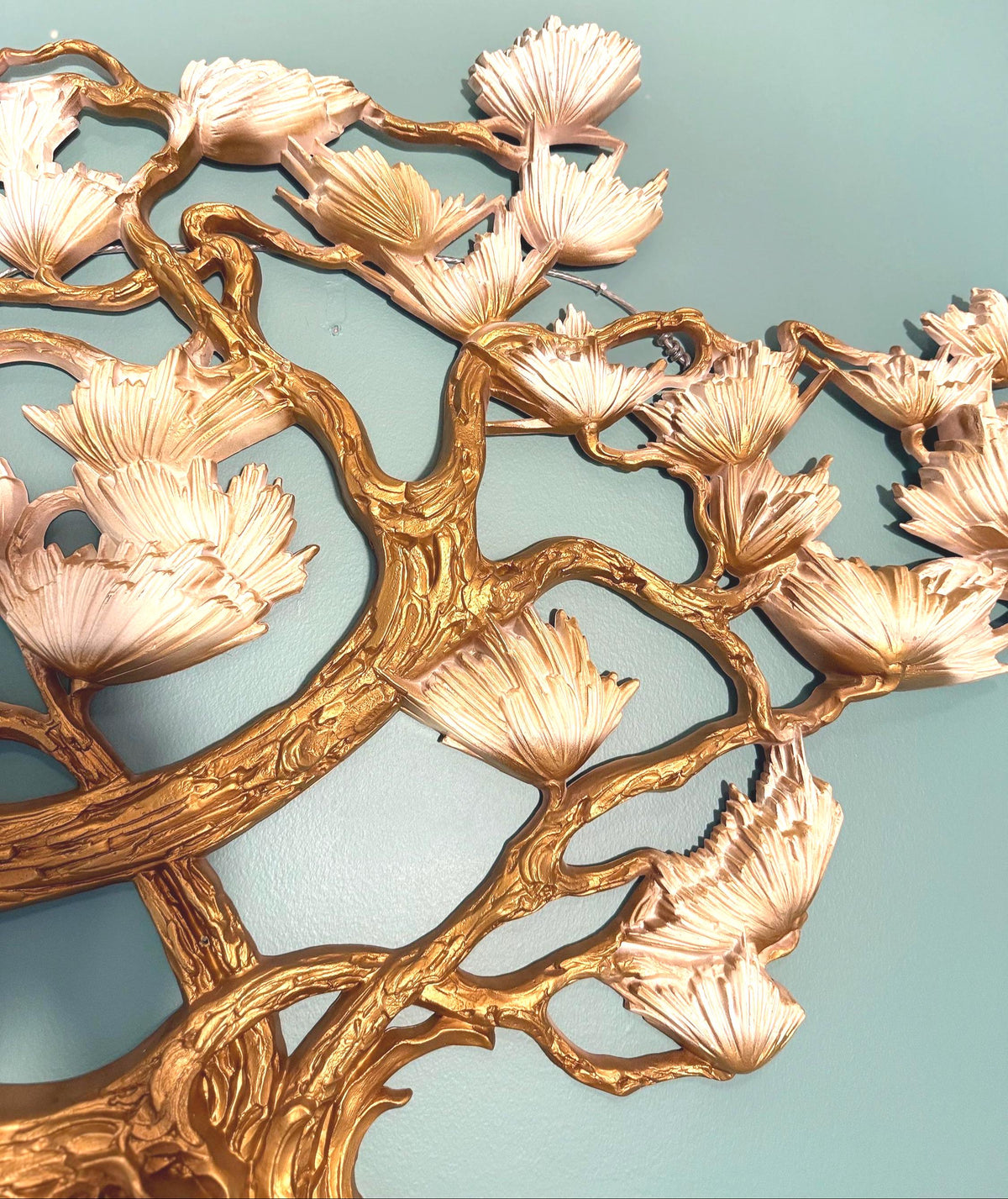 1976 Syroco Floral Wall Sculpture, Gold & Ivory Hollywood Regency Botanical Art (45" W)