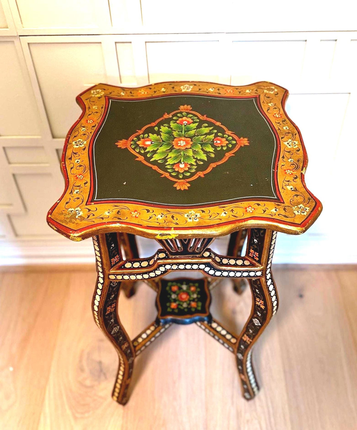 Vintage Indian Kashmiri Hand Painted Side Table, Circa 1960s, Floral Lacquer Accent Table, Indo Persian Decor