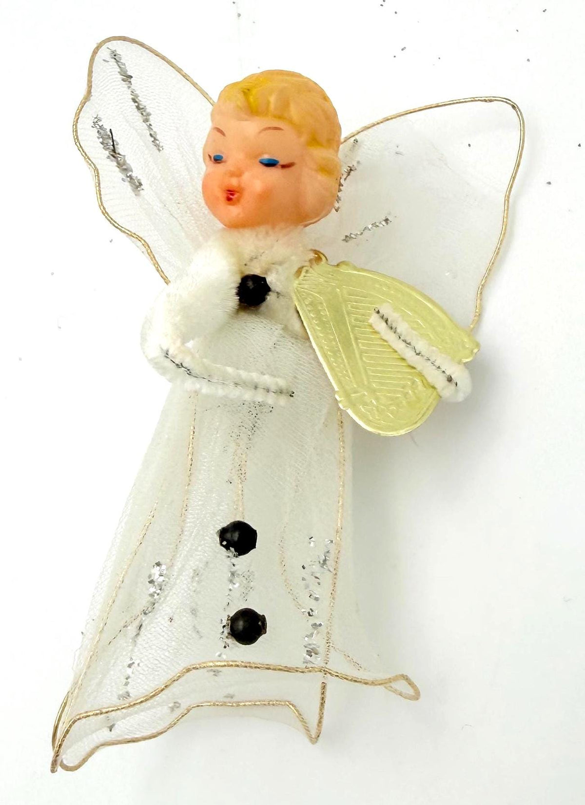 Vintage 1950s Christmas Angel Ornament with Gold Harp | Mid Century Glittered White Angel