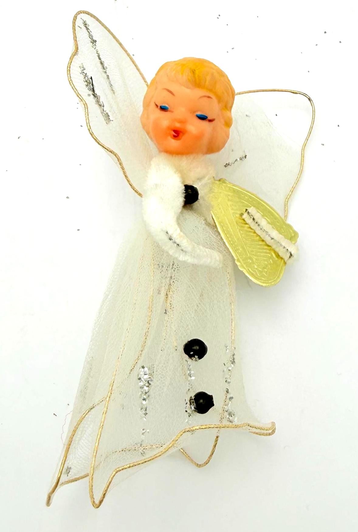 Vintage 1950s Christmas Angel Ornament with Gold Harp | Mid Century Glittered White Angel