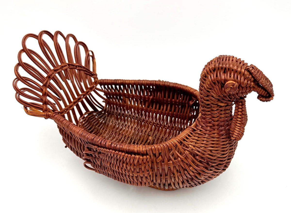 Vintage Handwoven Wicker Turkey Basket, 1970s1980s Cottagecore Thanksgiving Centerpiece & Harvest Décor