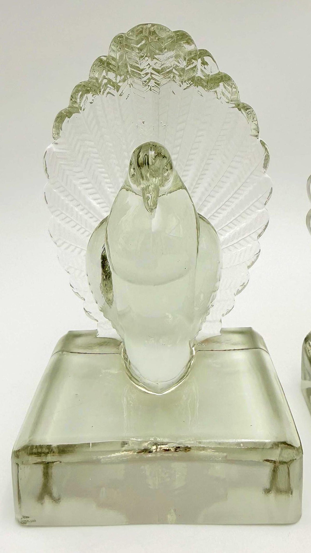 Vintage Czechoslovakian Glass Fantail Pigeon Bookends Pair, Art Deco Clear Glass Bird Sculptures