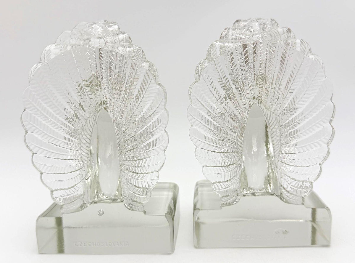 Vintage Czechoslovakian Glass Fantail Pigeon Bookends Pair, Art Deco Clear Glass Bird Sculptures