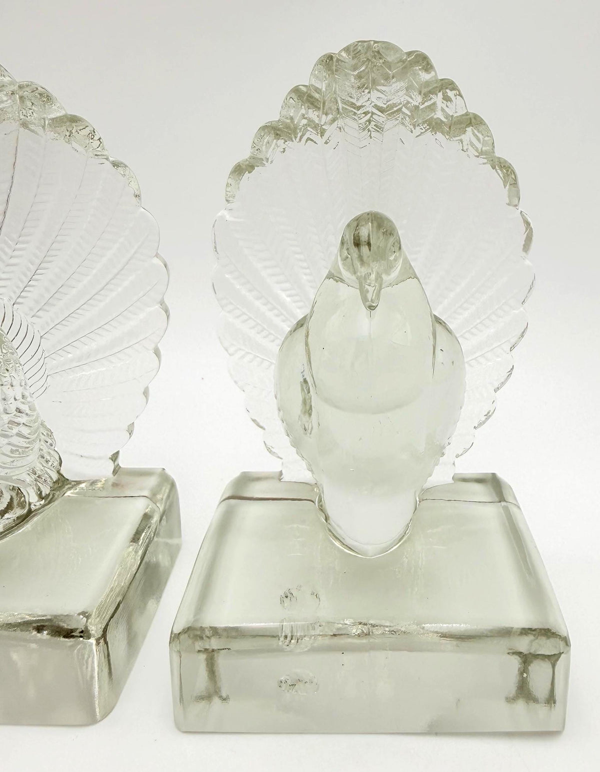 Vintage Czechoslovakian Glass Fantail Pigeon Bookends Pair, Art Deco Clear Glass Bird Sculptures