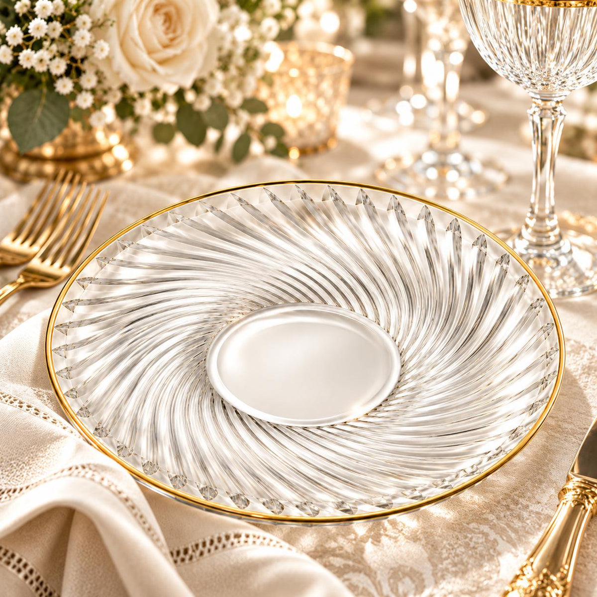 Set of 4 Brand New Vintage Mikasa Scala Gold Crystal Salad Canapé Plates, New Old Stock