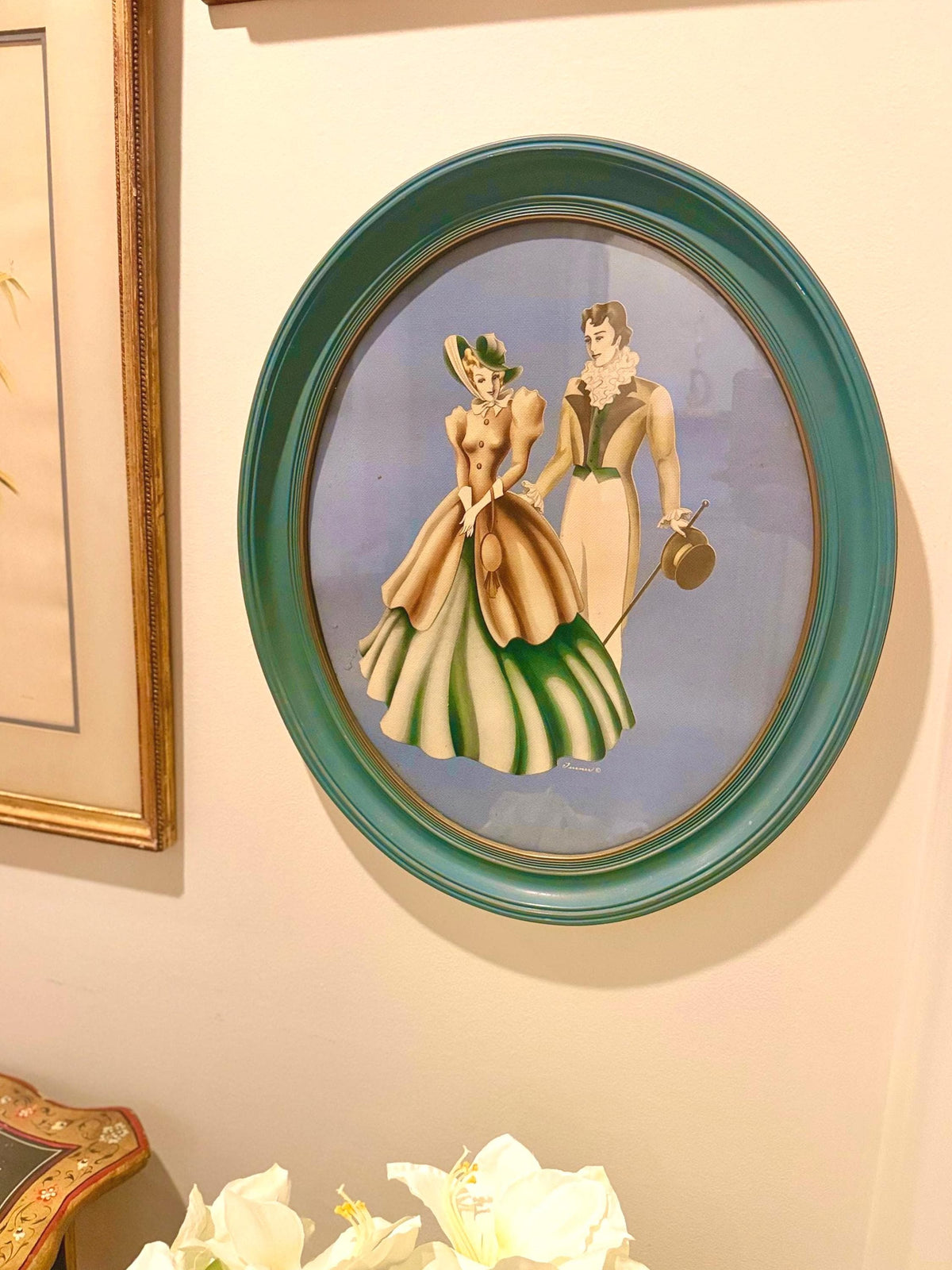 Vintage 1950s Oval Regency Revival Couple Print in Teal Green & Gold Frame Hollywood Regency Wall Art