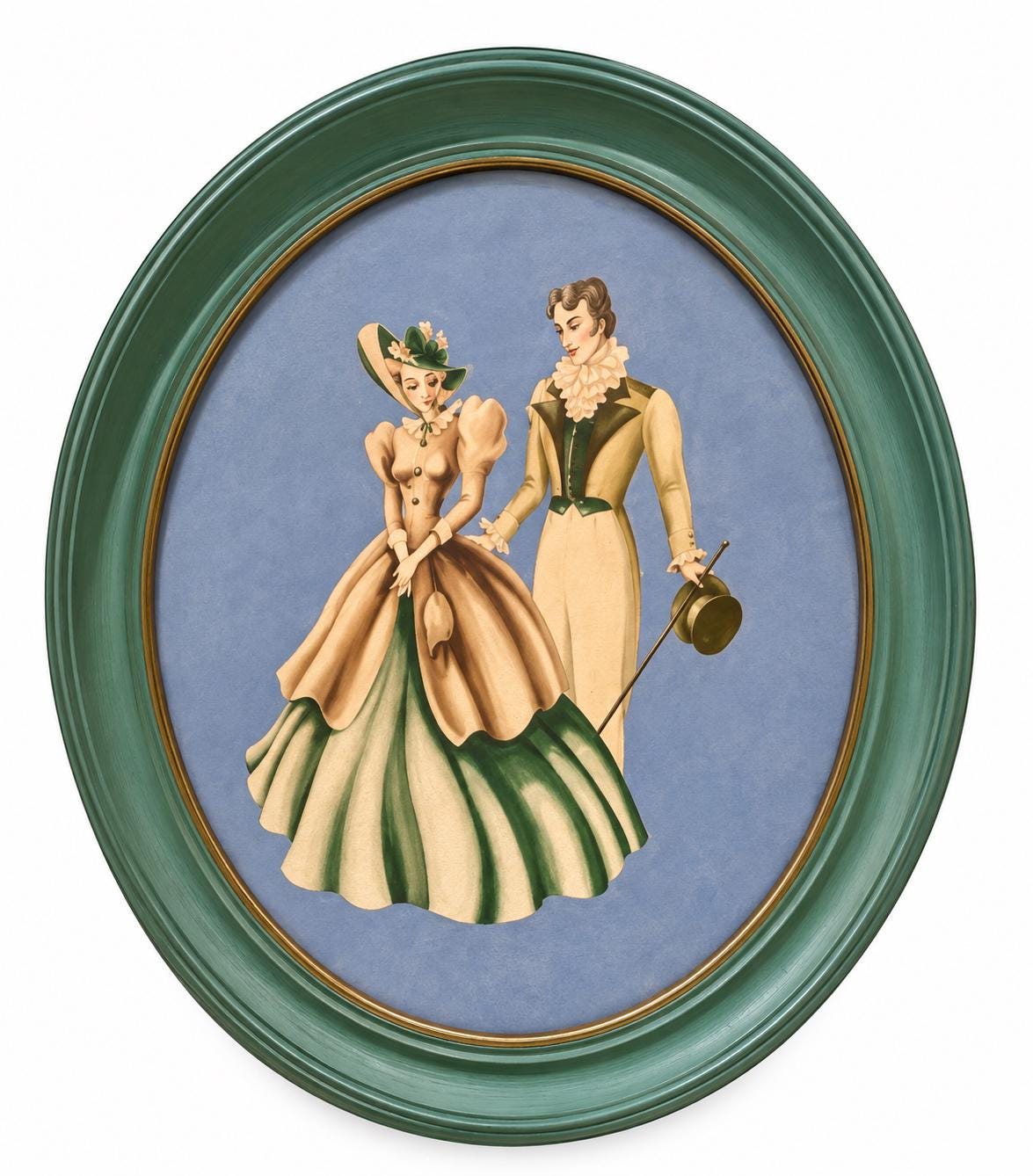 Vintage 1950s Oval Regency Revival Couple Print in Teal Green & Gold Frame Hollywood Regency Wall Art