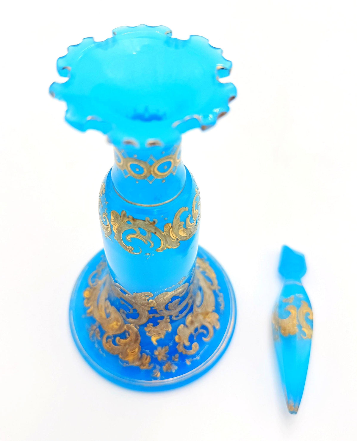 Antique French Blue Opaline Perfume Bottle c. 1860 Napoleon III Gilt Rococo Flacon with Flame Stopper