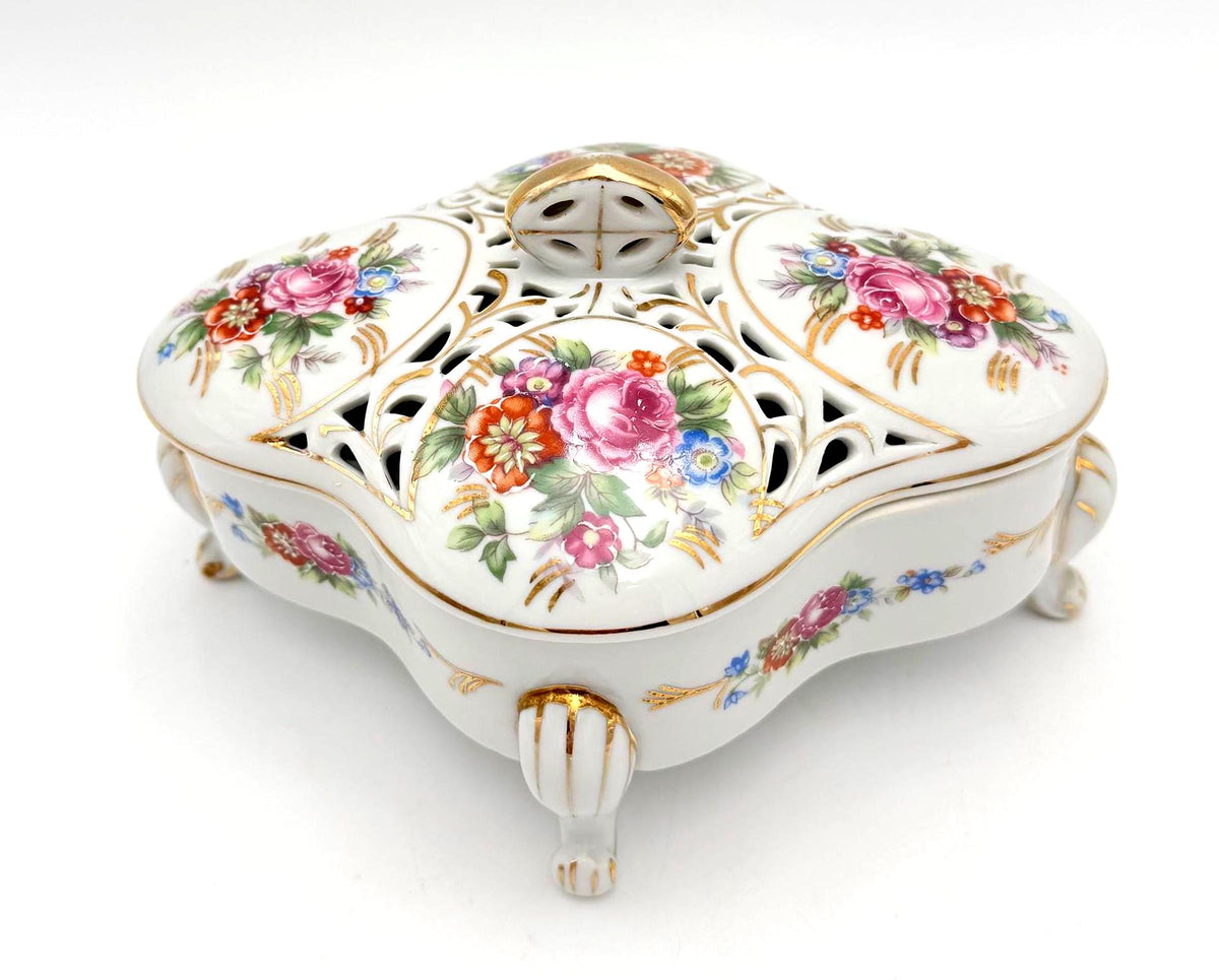 Vintage Dresden Style Porcelain Potpourri Box, Pierced Floral Lid, Rococo Footed Trinket Box