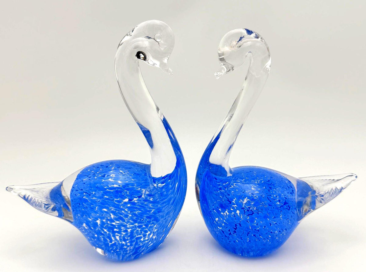 Vintage Cobalt Blue Art Glass Swan Figurines Pair of Bubble Glass Sculptures, Hollywood Regency Decor