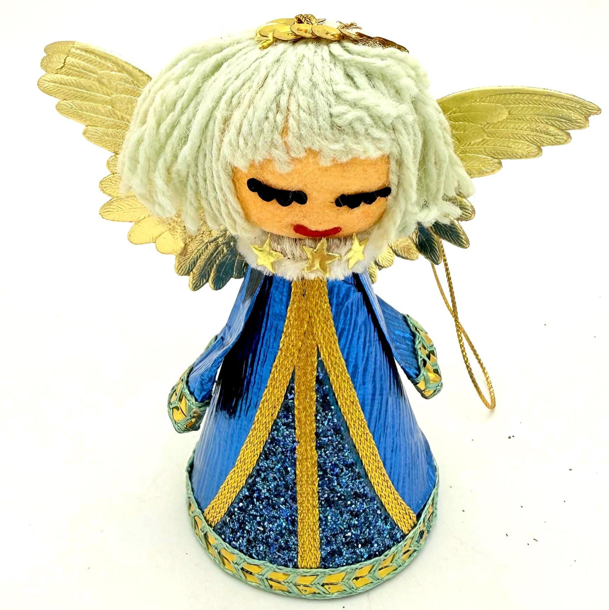 Vintage 1950s Japanese Christmas Angel Ornament Blue Yarn Hair, Gold Wings (Made in Japan)