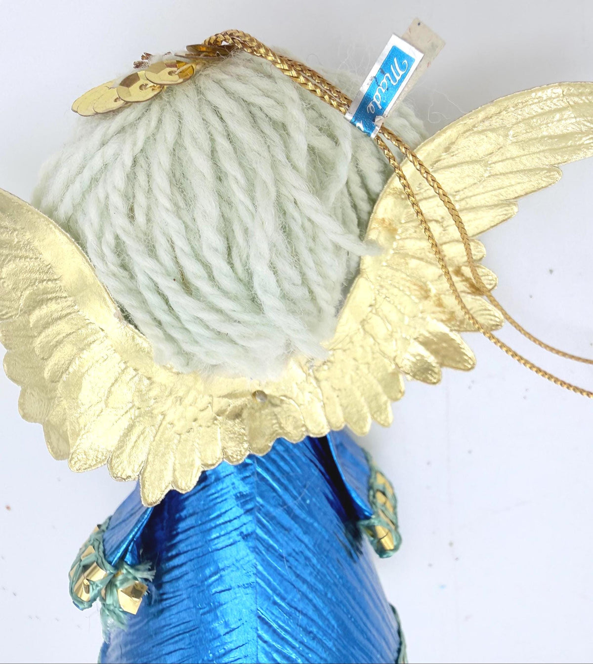 Vintage 1950s Japanese Christmas Angel Ornament Blue Yarn Hair, Gold Wings (Made in Japan)