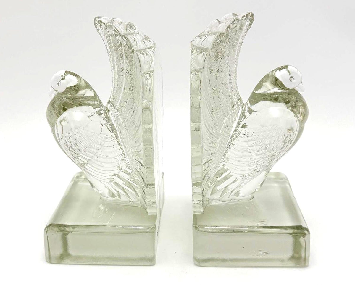 Vintage Czechoslovakian Glass Fantail Pigeon Bookends Pair, Art Deco Clear Glass Bird Sculptures