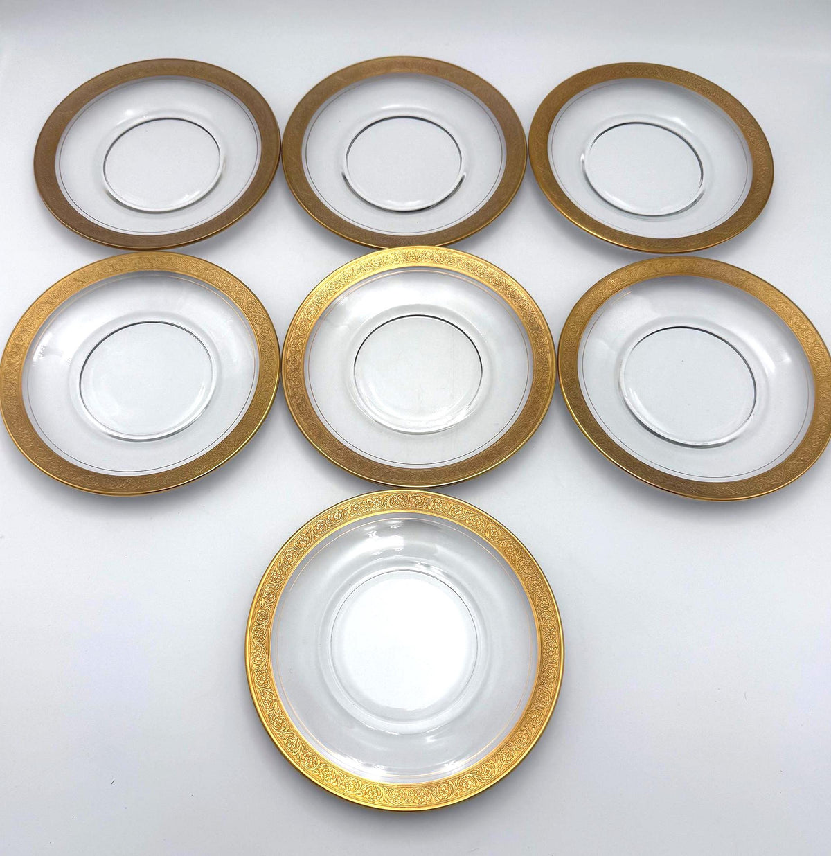 Vintage Tiffin-Franciscan Minton Gold Encrusted Glass Luncheon Plates Set of 7 8" Elegant Glass