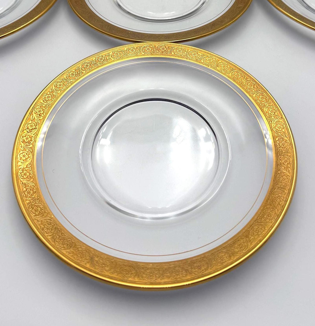 Vintage Tiffin-Franciscan Minton Gold Encrusted Glass Luncheon Plates Set of 7 8" Elegant Glass