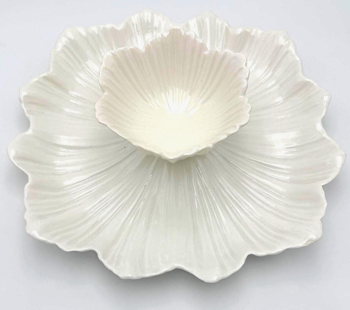 Vintage Whittier Potteries Lotus Flower Chip & Dip Set | California Pottery | Ivory Floral Serving Platter | Mid-Century 1960s