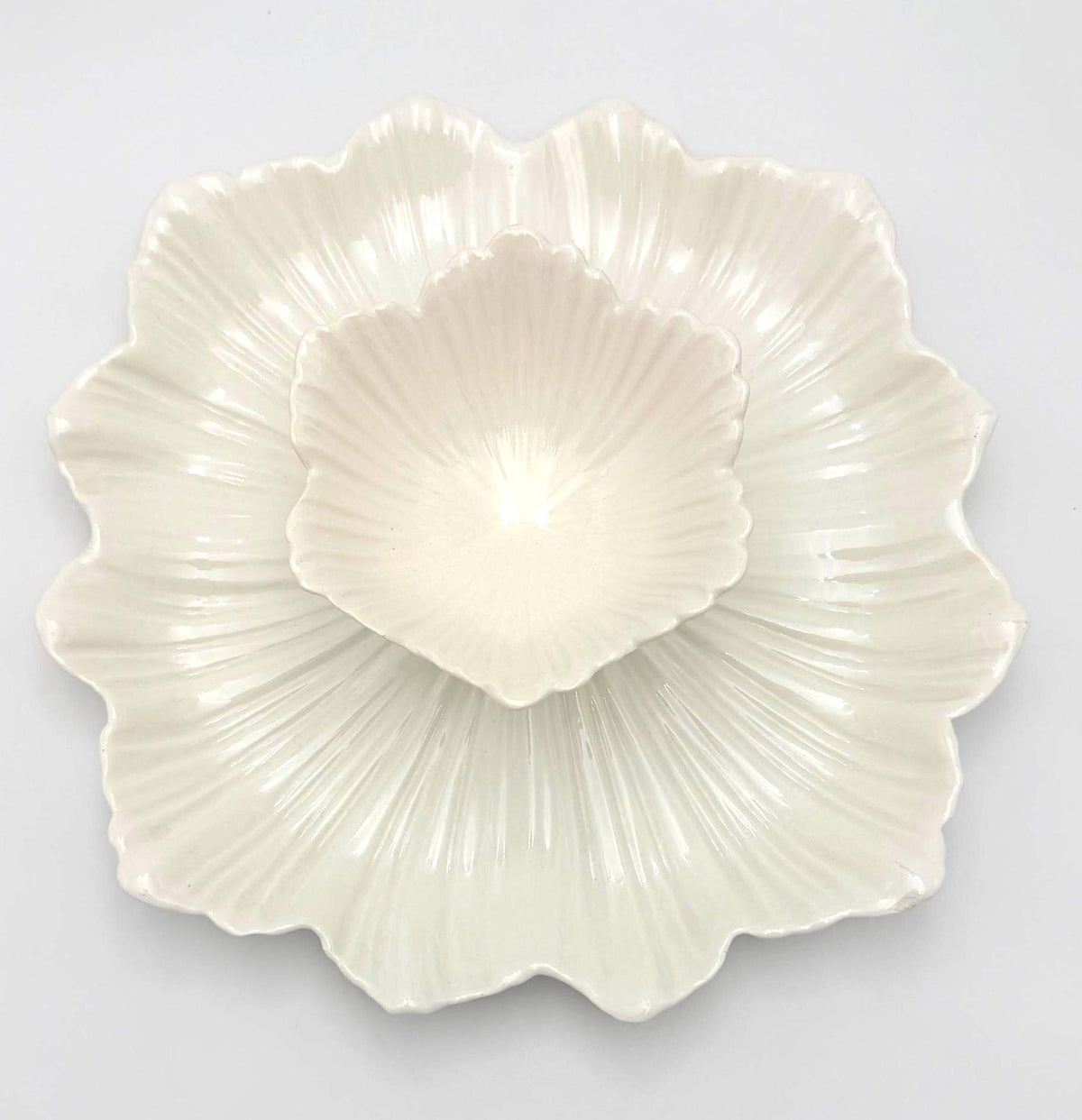 Vintage Whittier Potteries Lotus Flower Chip & Dip Set | California Pottery | Ivory Floral Serving Platter | Mid-Century 1960s