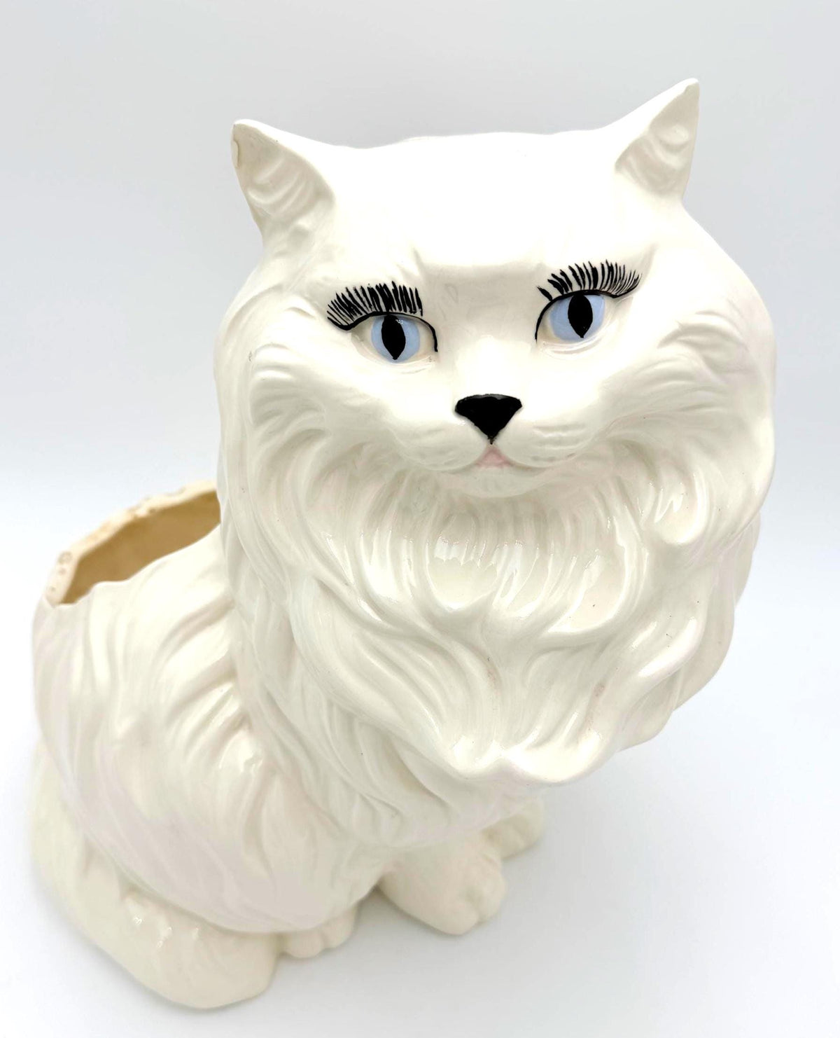 Vintage White Persian Cat Ceramic Planter, Hollywood Regency Longhair Cat Sculpture, Blue Eyes & Dramatic Eyelashes