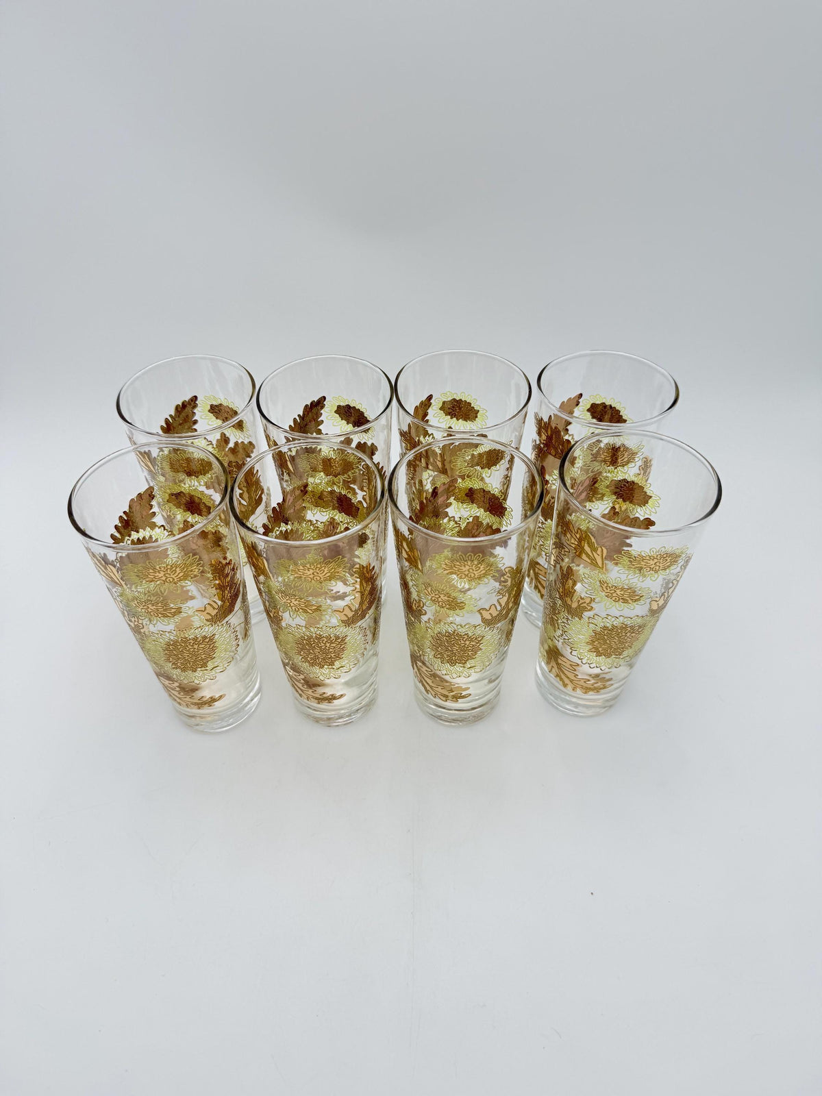 Vintage Bartlett-Collins Pokee Gold Chrysanthemum Highball Glasses Set of 8 Hollywood Regency