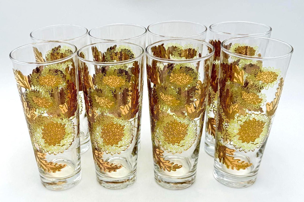 Vintage Bartlett-Collins Pokee Gold Chrysanthemum Highball Glasses Set of 8 Hollywood Regency