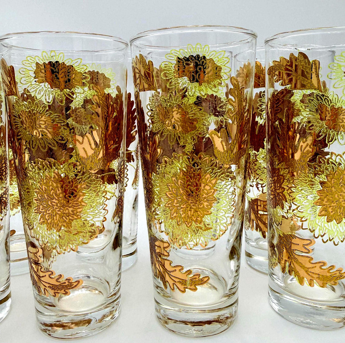Vintage Bartlett-Collins Pokee Gold Chrysanthemum Highball Glasses Set of 8 Hollywood Regency