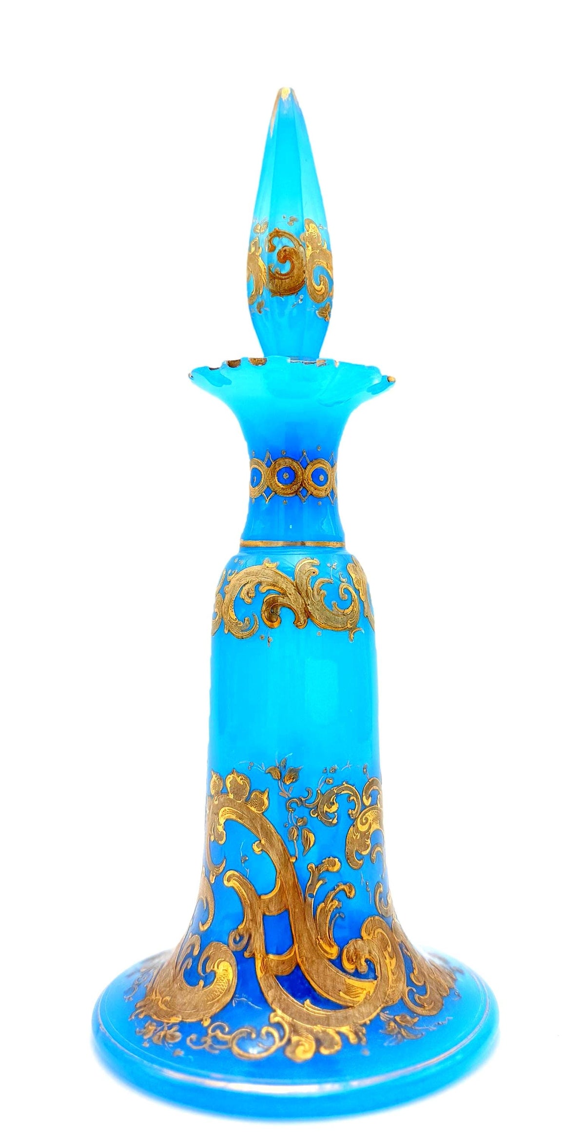 Antique French Blue Opaline Perfume Bottle c. 1860 Napoleon III Gilt Rococo Flacon with Flame Stopper