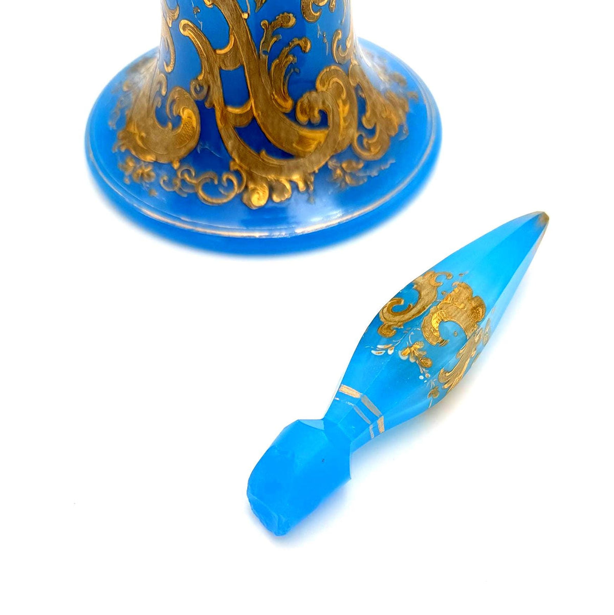 Antique French Blue Opaline Perfume Bottle c. 1860 Napoleon III Gilt Rococo Flacon with Flame Stopper
