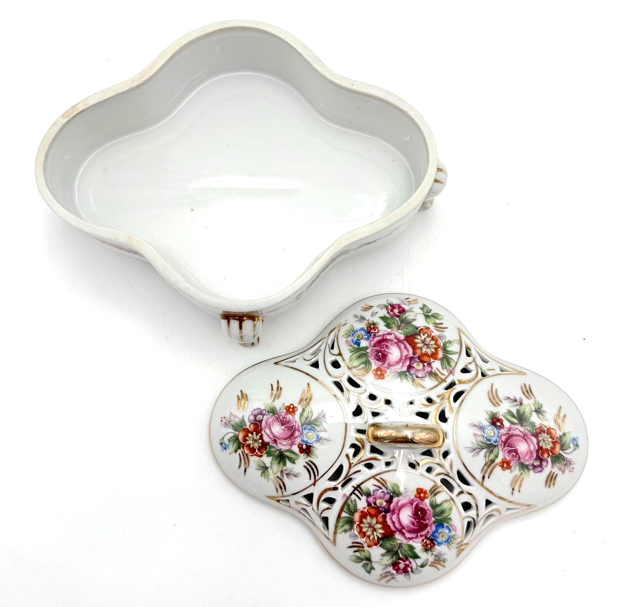 Vintage Dresden Style Porcelain Potpourri Box, Pierced Floral Lid, Rococo Footed Trinket Box