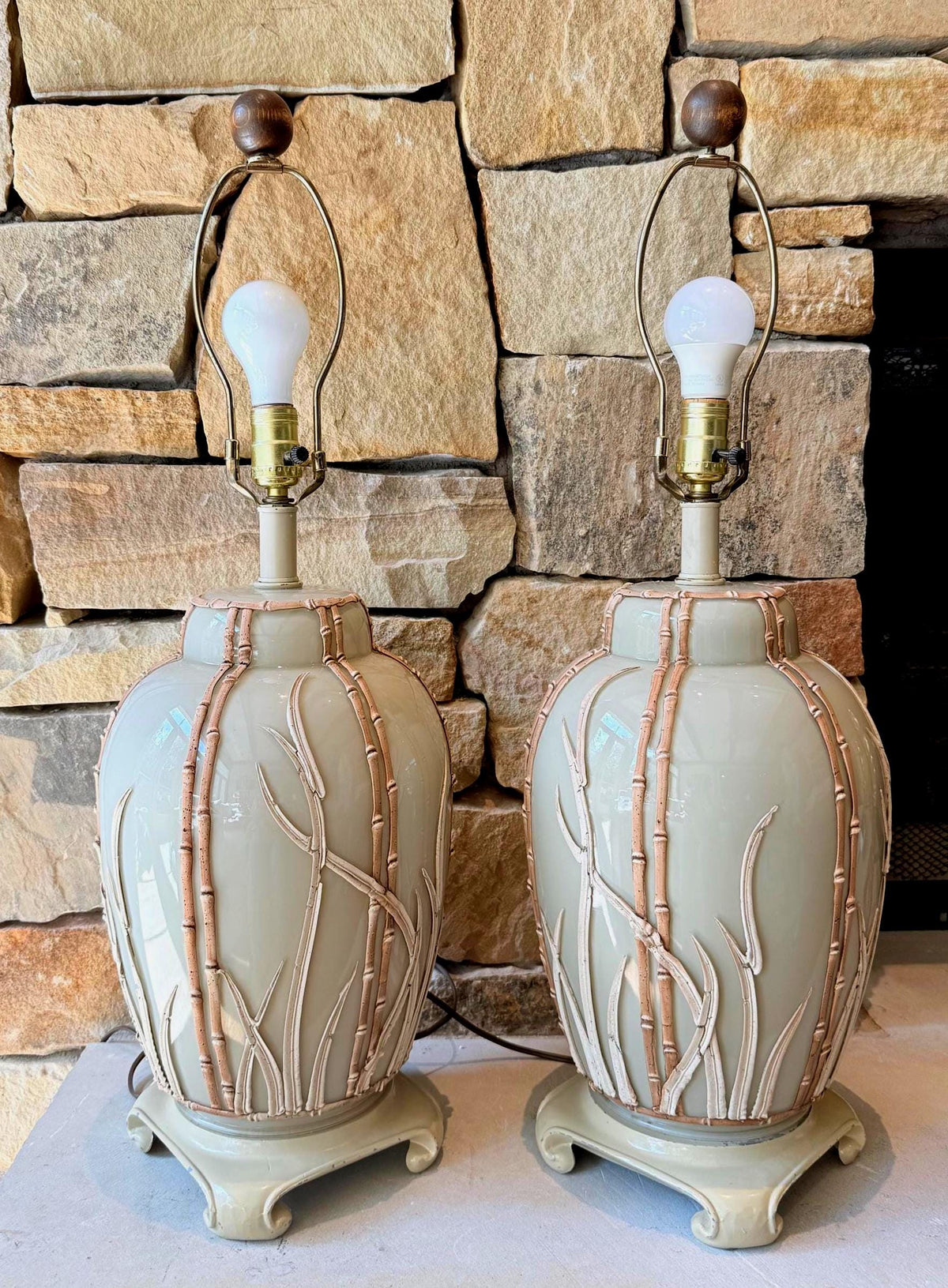 Vintage Hollywood Regency Sage Green Ceramic Bamboo Table Lamps Sculptural Botanical Matching Pair
