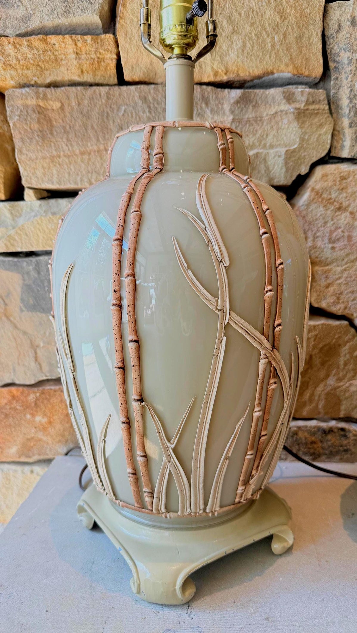 Vintage Hollywood Regency Sage Green Ceramic Bamboo Table Lamps Sculptural Botanical Matching Pair