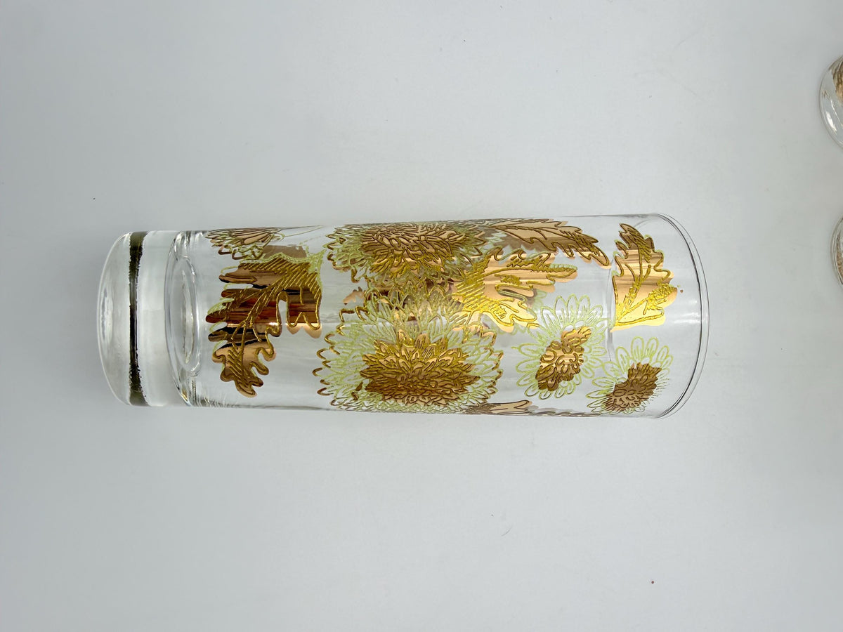 Vintage Bartlett-Collins Pokee Gold Chrysanthemum Highball Glasses Set of 8 Hollywood Regency