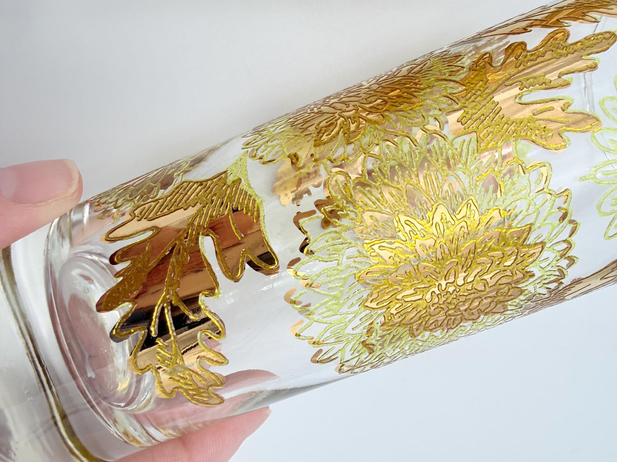 Vintage Bartlett-Collins Pokee Gold Chrysanthemum Highball Glasses Set of 8 Hollywood Regency