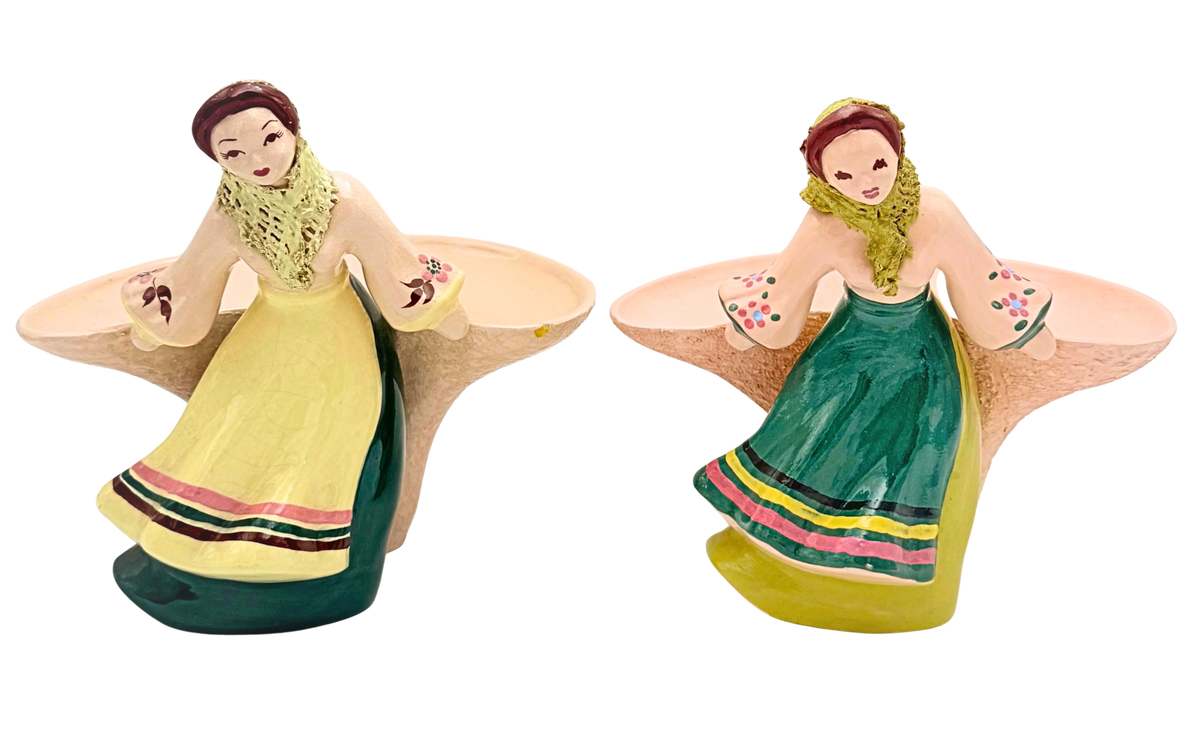 1940s Kaye of Hollywood California Pottery Figural Planters Pair, Models 351 & 403
